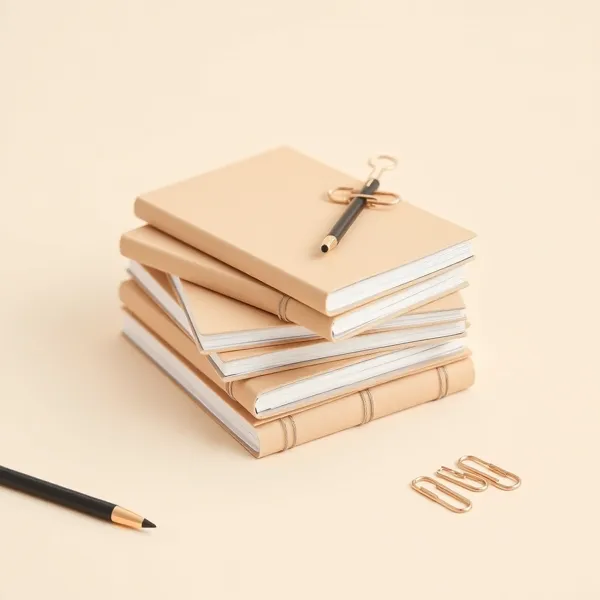 Fournitures de bureau et papeterie rangées : stylos, carnets et accessoires d'écriture